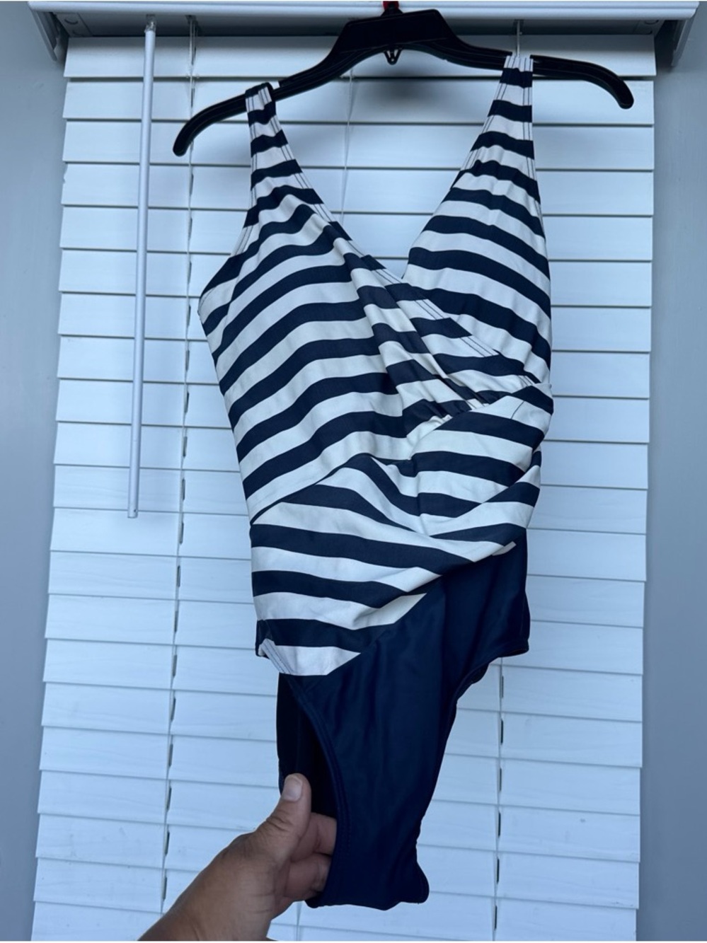 Navy and White Striped Wrap One-Piece Swimsuit
